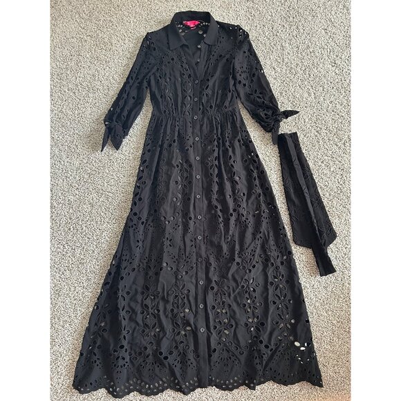 Lilly Pulitzer Maxi Dress Women Sz 00 Eyelet Button-Down Black Dressy Dress - Picture 9 of 13